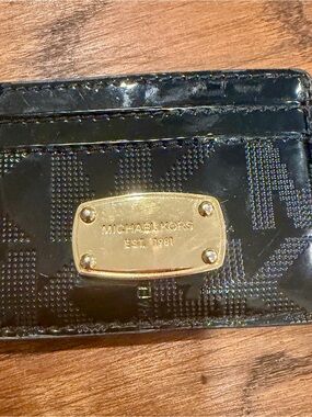 Michael Kors Black Patent & Metallic Card Holder with Gold Plaque